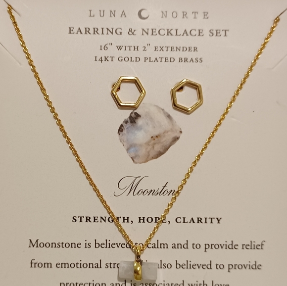 2 PC LUNA NORTE 14K GP HEXAGON EARRINGS & NECKLACES WITH MOONSTONE GEMSTONE - Picture 7 of 12